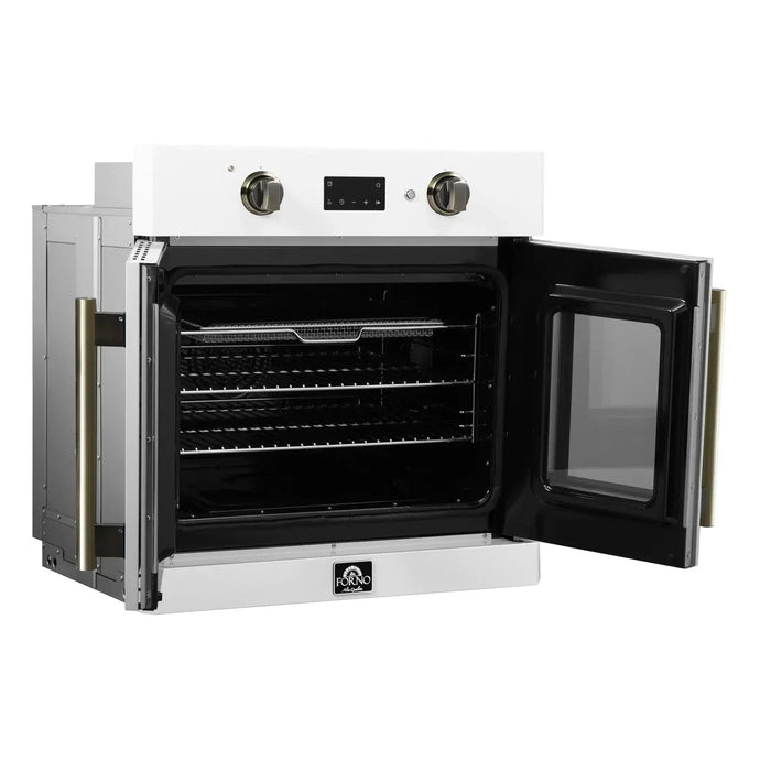 Forno Asti 30"French Door Electric Wall Oven in White with Antique Brass Trim, FBOEL1333-30WHT