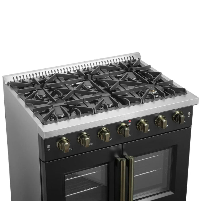 Forno Galiano 36." French Door All Gas Range, Black, Antique Brass Trim,FFSGS6444-36BLK