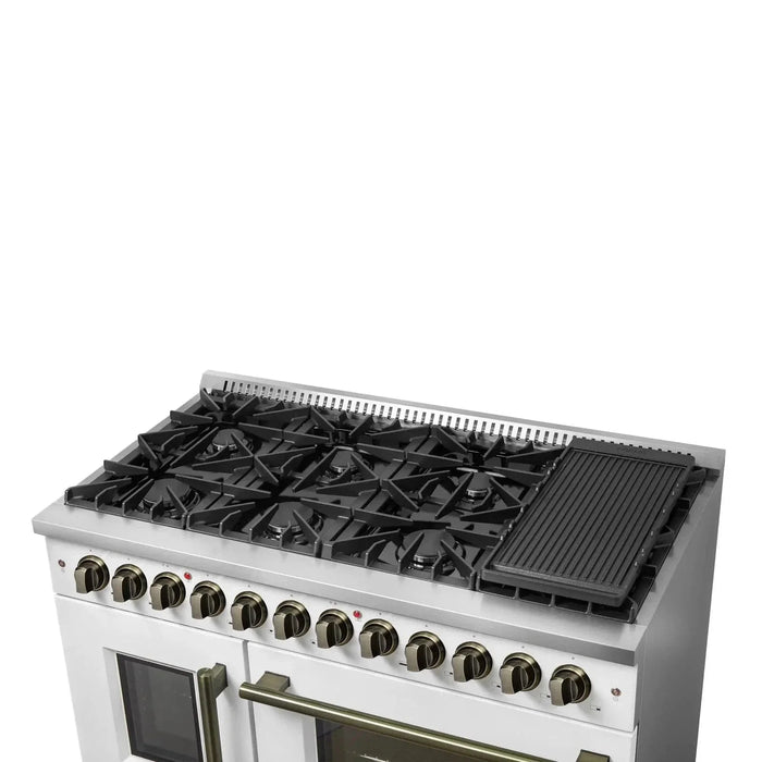 Forno Galiano 48" French Door Dual Fuel Range, 8 Burners, Electric Convection Oven, White Antique Brass Trim, FFSGS6356-48WHT