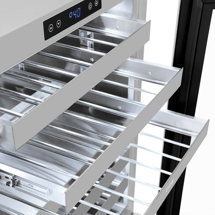 ZLINE Autograph 24" Dual Zone 44 Bottle Wine Cooler With Stainless Steel Glass Door, Helix Handle, Accents RWDOZ-GS-24-KCB