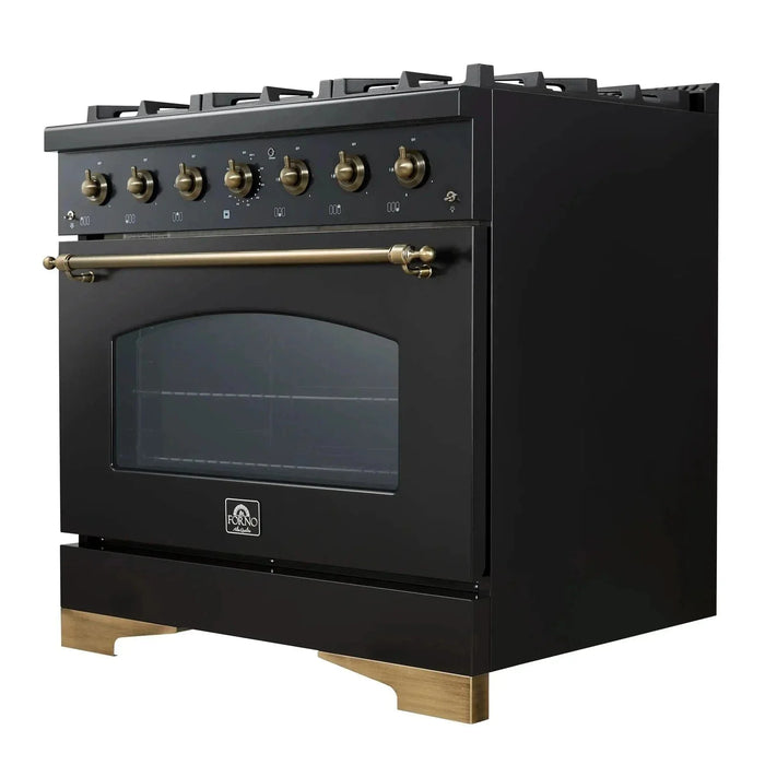 Forno Antico 36" Dual Fuel Range 6 Gas Burner Cooktop Electric Convection Oven Black Antique Brass Trim, FFSGS6113-36BLK