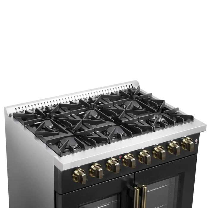 Forno Galiano 36"French DoorDual Fuel Range, Gas Stove, Electric Oven Black, Antique Brass Trim, FFSGS6356-36BLK