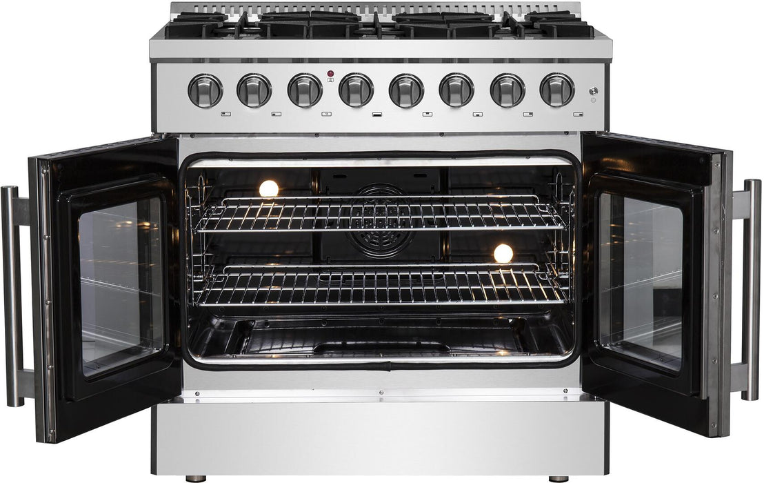 Forno Galiano 36 in. French Door Freestanding Dual Fuel Range, Gas Stove, Electric Oven, Stainless Steel, FFSGS6356 - 36 - Farmhouse Kitchen and Bath