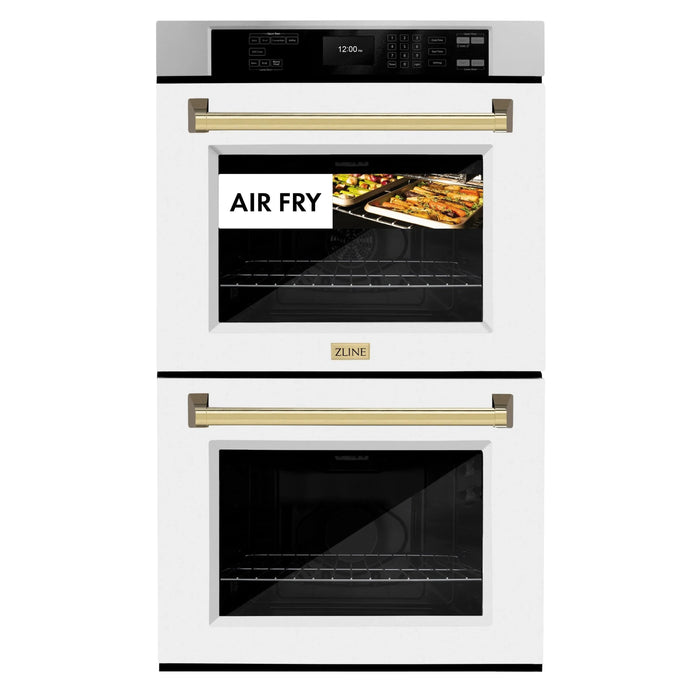 ZLINE 30"Professional True Convection Double Wall Oven, Air Fry, Self Clean, White Matte, Gold WADZ-WM-30-G