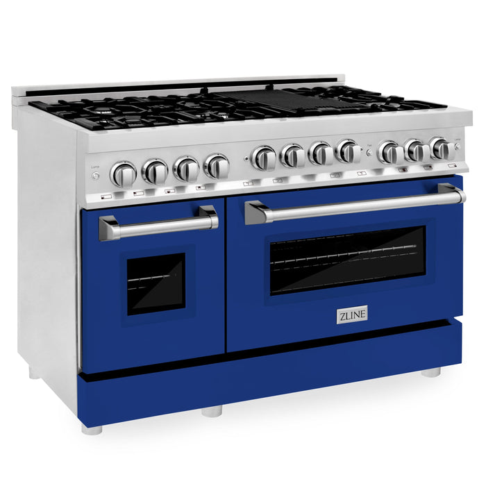 ZLINE 48" Gas Range, DuraSnow, Stainless Steel, Blue Gloss, RGS-BG-48 - Farmhouse Kitchen and Bath