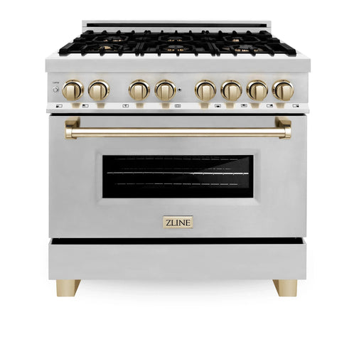 ZLINE Autograph Edition 36" 4.6 cu. ft. Dual Fuel Range with Gas Stove and Electric Oven in Stainless Steel with Accents RAZ-36-G - Farmhouse Kitchen and Bath