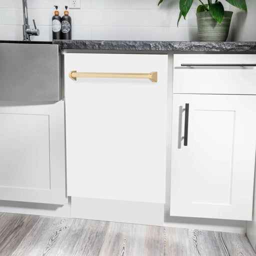ZLINE 18"Autograph Dishwasher, White door, Gold Handle, DWVZ - WM - 18 - G - Farmhouse Kitchen and Bath