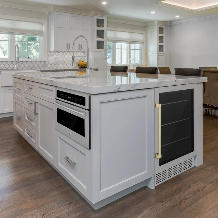 ZLINE 24" Autograph Edition 154 Can Beverage Cooler Fridge with Adjustable Shelves in Stainless Steel with Gold Accents RBVZ - US - 24 - G - Farmhouse Kitchen and Bath