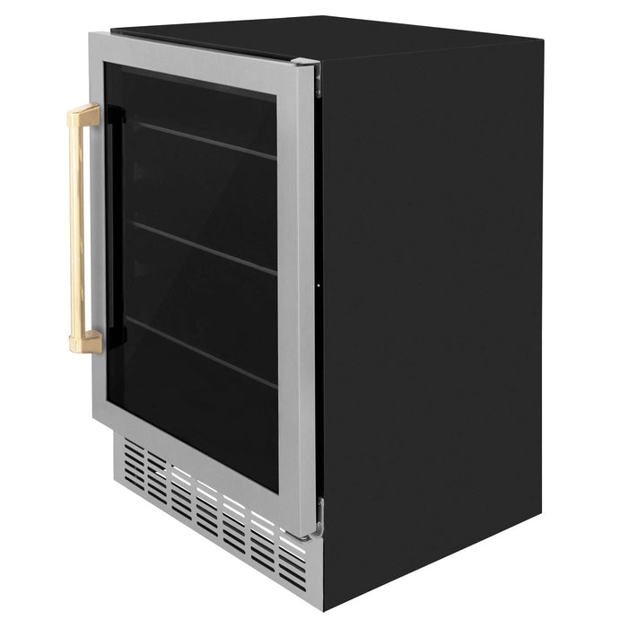 ZLINE 24" Autograph Edition 154 Can Beverage Cooler Fridge with Adjustable Shelves in Stainless Steel with Gold Accents RBVZ - US - 24 - G - Farmhouse Kitchen and Bath