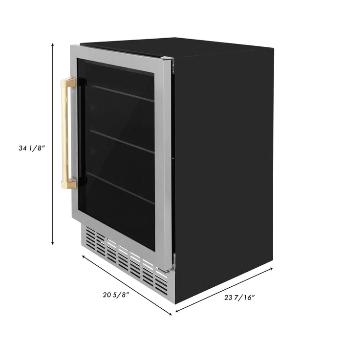 ZLINE 24" Autograph Edition 154 Can Beverage Cooler Fridge with Adjustable Shelves in Stainless Steel with Gold Accents RBVZ - US - 24 - G - Farmhouse Kitchen and Bath