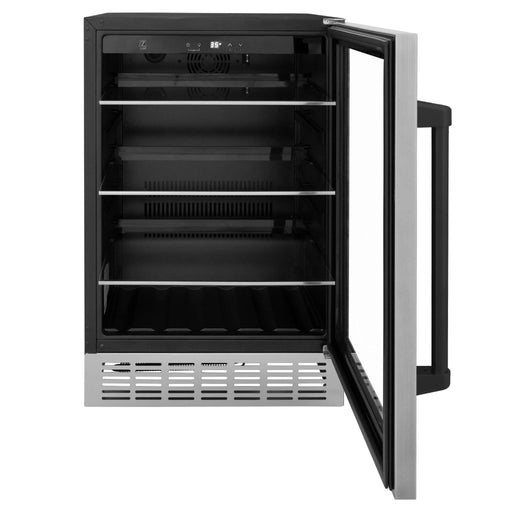 ZLINE 24" Autograph Edition 154 Can Beverage Cooler Fridge with Adjustable Shelves in Stainless Steel with Matte Black Accents RBVZ - US - 24 - MB - Farmhouse Kitchen and Bath