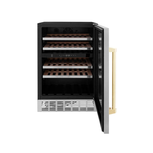 ZLINE 24" Autograph Edition Dual Zone 44 - Bottle Wine Cooler in Stainless Steel with Wood Shelf and Gold Accents RWVZ - UD - 24 - G - Farmhouse Kitchen and Bath