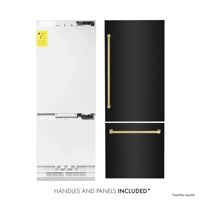ZLINE 30" Autograph 16.1 cu. ft. 2 - Door Bottom Freezer Fridge Water/Ice Dispenser Black Stainless Steel Champagne Bronze Accents RBIVZ - BS - 30 - CB - Farmhouse Kitchen and Bath