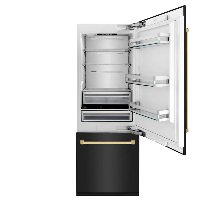 ZLINE 30" Autograph 16.1 cu. ft. 2 - Door Bottom Freezer Fridge Water/Ice Dispenser Black Stainless Steel Gold Accents RBIVZ - BS - 30 - G - Farmhouse Kitchen and Bath