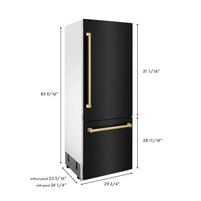 ZLINE 30" Autograph 16.1 cu. ft. 2 - Door Bottom Freezer Fridge Water/Ice Dispenser Black Stainless Steel Gold Accents RBIVZ - BS - 30 - G - Farmhouse Kitchen and Bath