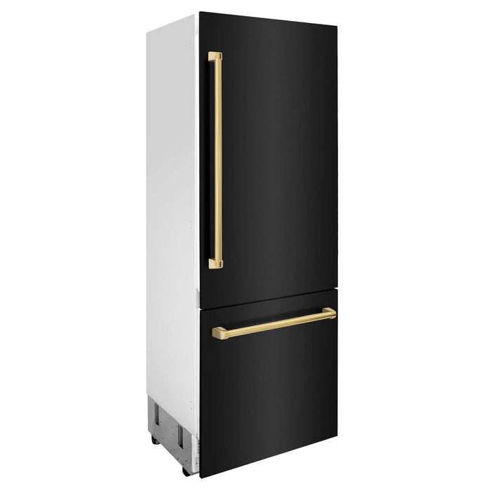 ZLINE 30" Autograph 16.1 cu. ft. 2 - Door Bottom Freezer Fridge Water/Ice Dispenser Black Stainless Steel Gold Accents RBIVZ - BS - 30 - G - Farmhouse Kitchen and Bath