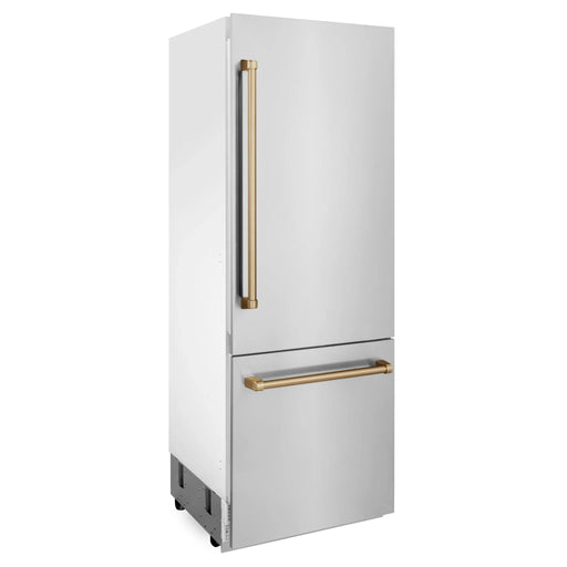 ZLINE 30" Autograph 16.1 cu. ft. 2 - Door Bottom Freezer Fridge Water/Ice Dispenser Stainless Steel Champagne Bronze Accents RBIVZ - 304 - 30 - CB - Farmhouse Kitchen and Bath