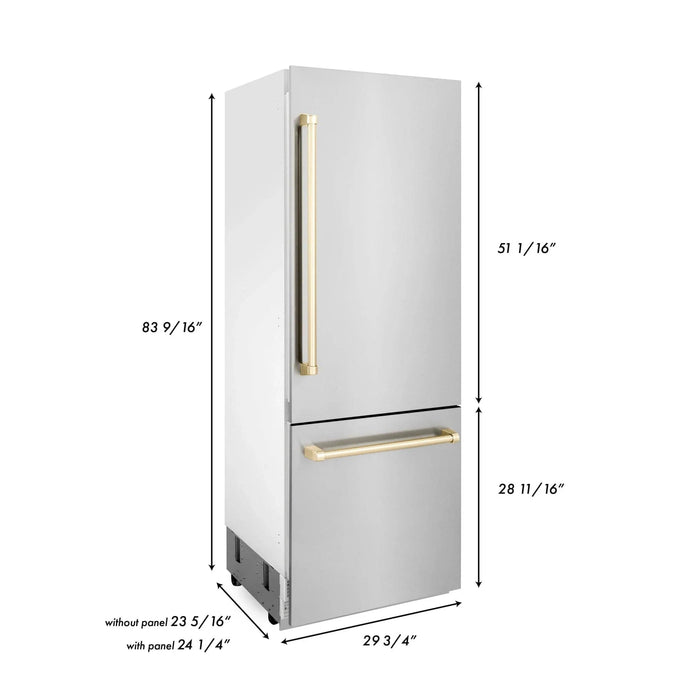 ZLINE 30” Autograph 16.1 cu. ft. 2 - Door Bottom Freezer Fridge Water/Ice Dispenser Stainless Steel Gold Accents RBIVZ - 304 - 30 - G - Farmhouse Kitchen and Bath