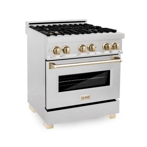 ZLINE 30" Autograph Dual Fuel Range, DuraSnow Stainless, Gold, RASZ - SN - 30 - G - Farmhouse Kitchen and Bath