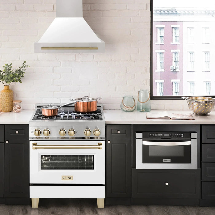 ZLINE 30" Autograph Stainless Wall Range Hood, White, 8654STZ - WM30 - G - Farmhouse Kitchen and Bath