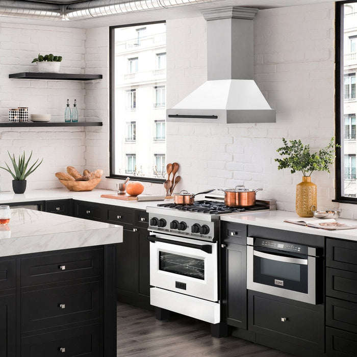 ZLINE 30" Autograph Stainless Wall Range Hood, White, 8654STZ - WM30 - MB - Farmhouse Kitchen and Bath