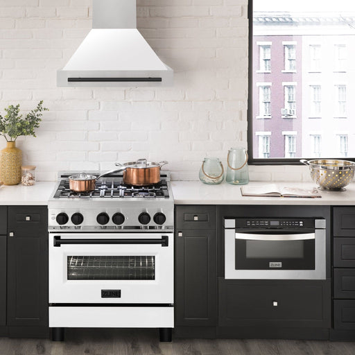 ZLINE 30" Autograph Stainless Wall Range Hood, White, 8654STZ - WM30 - MB - Farmhouse Kitchen and Bath