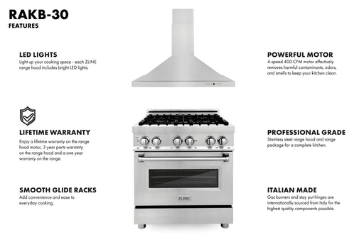 ZLINE 30" Bundle Range RA30 & Wall Range Hood KB - 30, 2KP - RARH30 - Farmhouse Kitchen and Bath