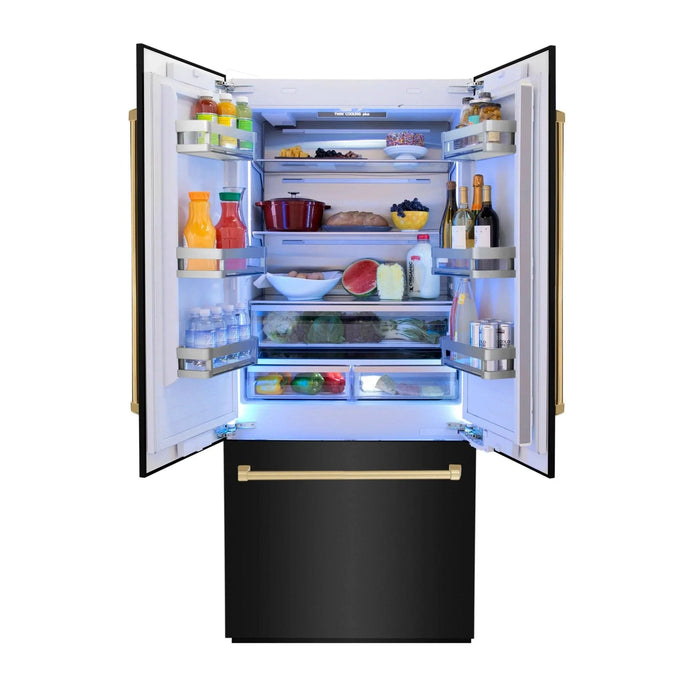 ZLINE 36" Autograph 19.6 cu. ft. 3 - Door French Door Fridge Water/Ice Dispenser Black Stainless Steel Gold Accents RBIVZ - BS - 36 - G - Farmhouse Kitchen and Bath