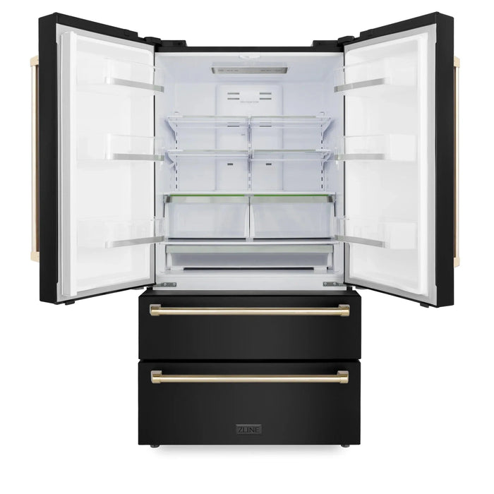 ZLINE 36" Autograph 22.5 cu. Ft French Door Refrigerator with Ice Maker Black Stainless Steel with Gold Accents RFMZ - 36 - BS - G - Farmhouse Kitchen and Bath