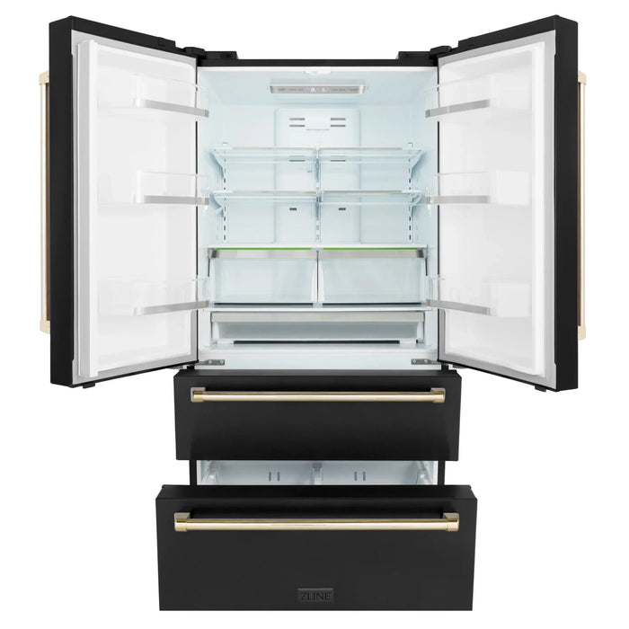 ZLINE 36" Autograph 22.5 cu. Ft French Door Refrigerator with Ice Maker Black Stainless Steel with Gold Accents RFMZ - 36 - BS - G - Farmhouse Kitchen and Bath