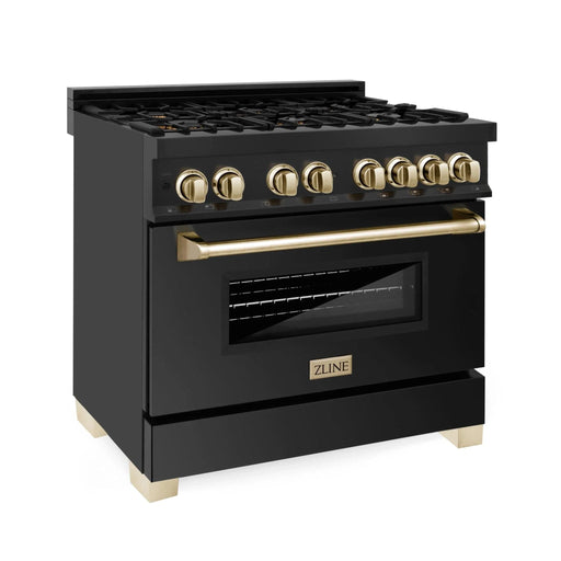 ZLINE 36" Autograph Dual Fuel Range, Black Stainless, Gold, RABZ - 36 - G - Farmhouse Kitchen and Bath