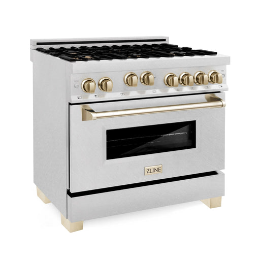 ZLINE 36" Autograph Dual Fuel Range, DuraSnow, Gold, RASZ - SN - 36 - G - Farmhouse Kitchen and Bath