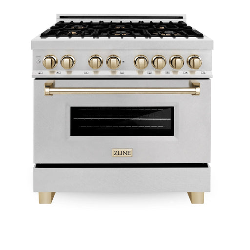 ZLINE 36" Autograph Dual Fuel Range, DuraSnow,Champagne, RASZ - SN - 36 - CB - Farmhouse Kitchen and Bath