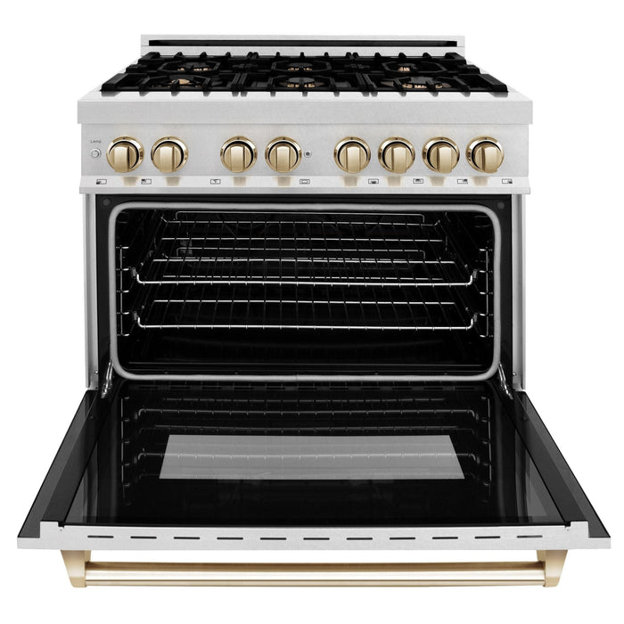 ZLINE 36" Autograph Dual Fuel Range, DuraSnow,Champagne, RASZ - SN - 36 - CB - Farmhouse Kitchen and Bath