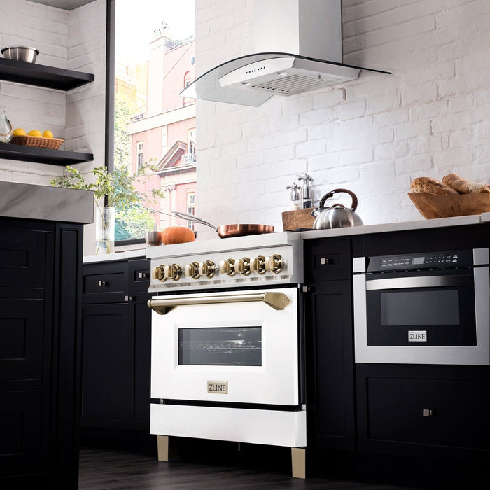 ZLINE 36" Autograph Dual Fuel Range, White, Champaign Accents, RAZ - WM - 36 - CB - Farmhouse Kitchen and Bath