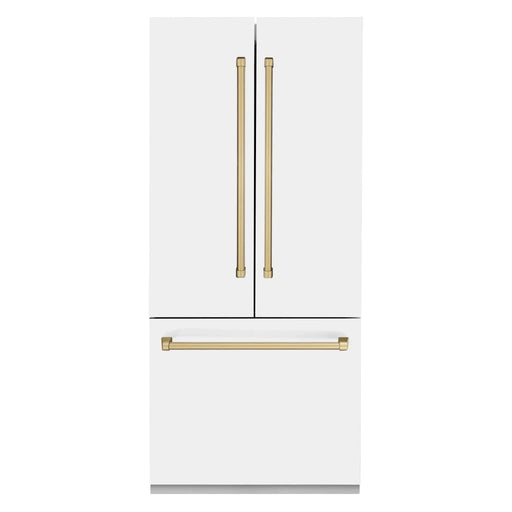 ZLINE 36" Autograph Edition French Door Refrigerator, Internal Water, Ice Dispenser, White Matte, Champagne Bronze Accents RBIVZ - WM - 36 - CB - Farmhouse Kitchen and Bath