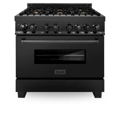 ZLINE 36" Black Stainless, Gas Burner/Electric Oven, Brass Burners, RAB - BR - 36 - Farmhouse Kitchen and Bath