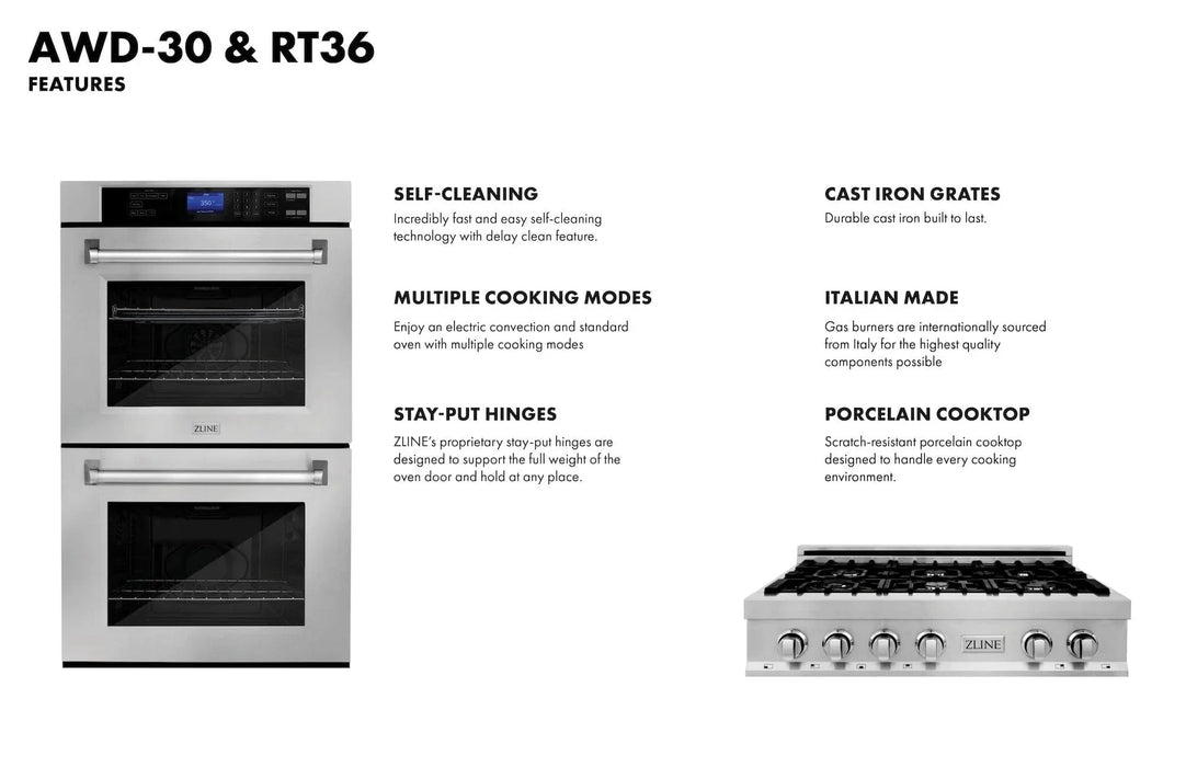 ZLINE 36" Bundle Range Top RT36 & Wall Oven AWD - 30, 2KP - RTAWD36 - Farmhouse Kitchen and Bath