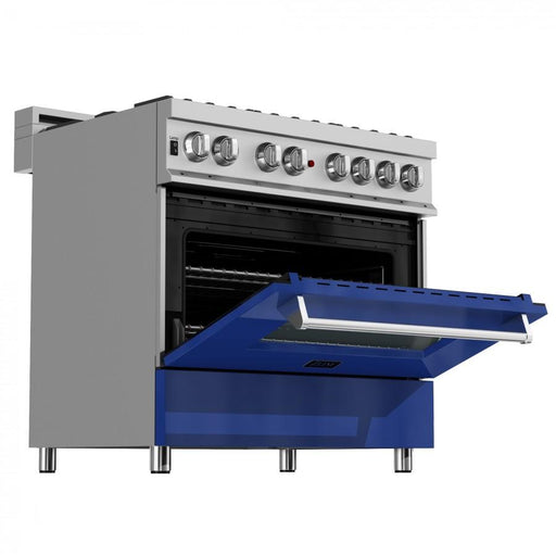 ZLINE 36" Professional Dual Fuel Range in Snow Stainless, Blue Gloss Door, RAS - BG - 36 - Farmhouse Kitchen and Bath