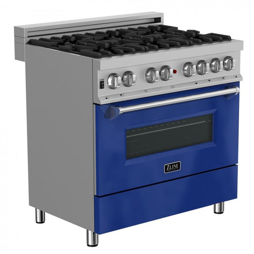ZLINE 36" Professional Dual Fuel Range in Snow Stainless, Blue Gloss Door, RAS - BG - 36 - Farmhouse Kitchen and Bath