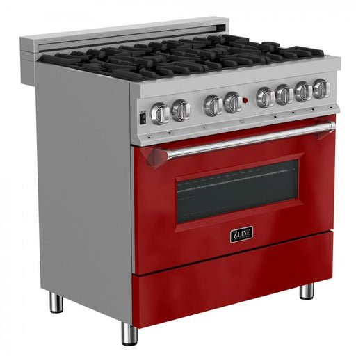 ZLINE 36" Professional Dual Fuel Range in Snow Stainless with Red Gloss Door, RAS - RG - 36 - Farmhouse Kitchen and Bath