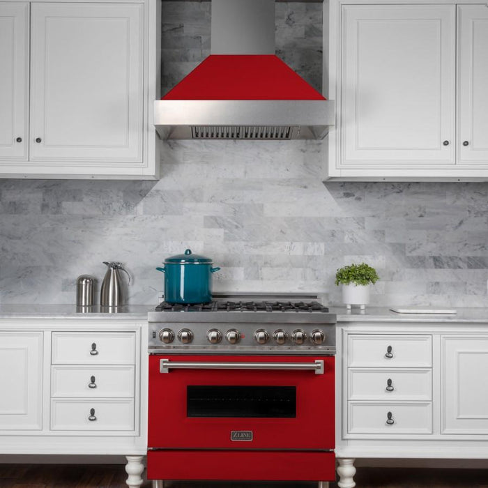 ZLINE 36" Professional Dual Fuel Range in Snow Stainless with Red Gloss Door, RAS - RG - 36 - Farmhouse Kitchen and Bath