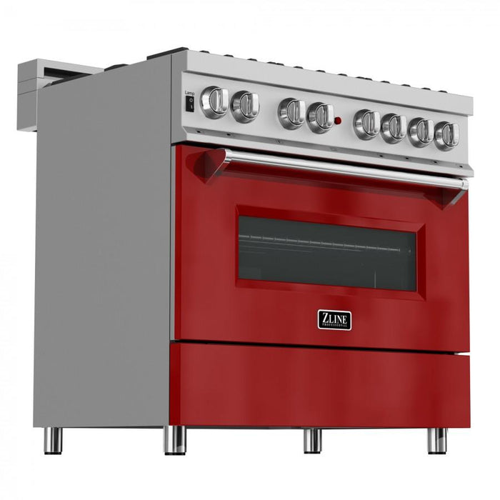 ZLINE 36" Professional Dual Fuel Range in Snow Stainless with Red Gloss Door, RAS - RG - 36 - Farmhouse Kitchen and Bath