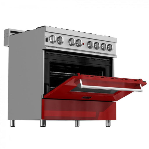 ZLINE 36" Professional Dual Fuel Range in Snow Stainless with Red Gloss Door, RAS - RG - 36 - Farmhouse Kitchen and Bath