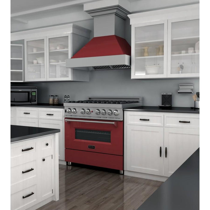 ZLINE 36" Professional Dual Fuel Range in Snow Stainless with Red Gloss Door, RAS - RG - 36 - Farmhouse Kitchen and Bath