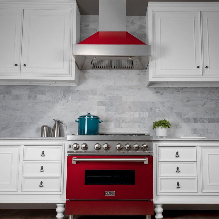 ZLINE 36" Professional Dual Fuel Range in Snow Stainless with Red Gloss Door, RAS - RG - 36 - Farmhouse Kitchen and Bath