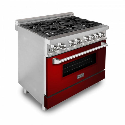 ZLINE 36" Professional Dual Fuel Range, Red Gloss Door, RA - RG - 36 - Farmhouse Kitchen and Bath