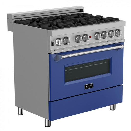 ZLINE 36" Professional Dual Fuel Range, Snow Stainless, Blue Matte Door, RAS - BM - 36 - Farmhouse Kitchen and Bath