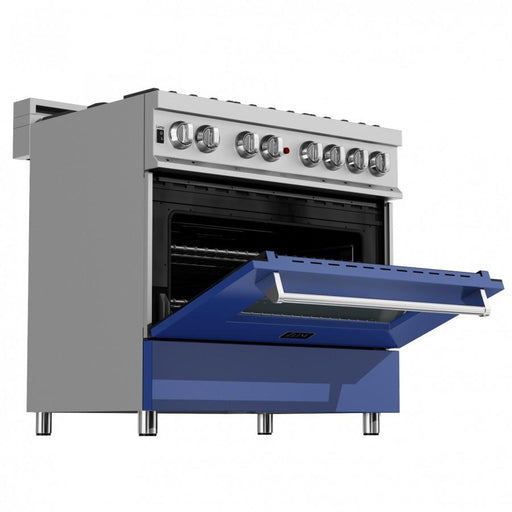 ZLINE 36" Professional Dual Fuel Range, Snow Stainless, Blue Matte Door, RAS - BM - 36 - Farmhouse Kitchen and Bath