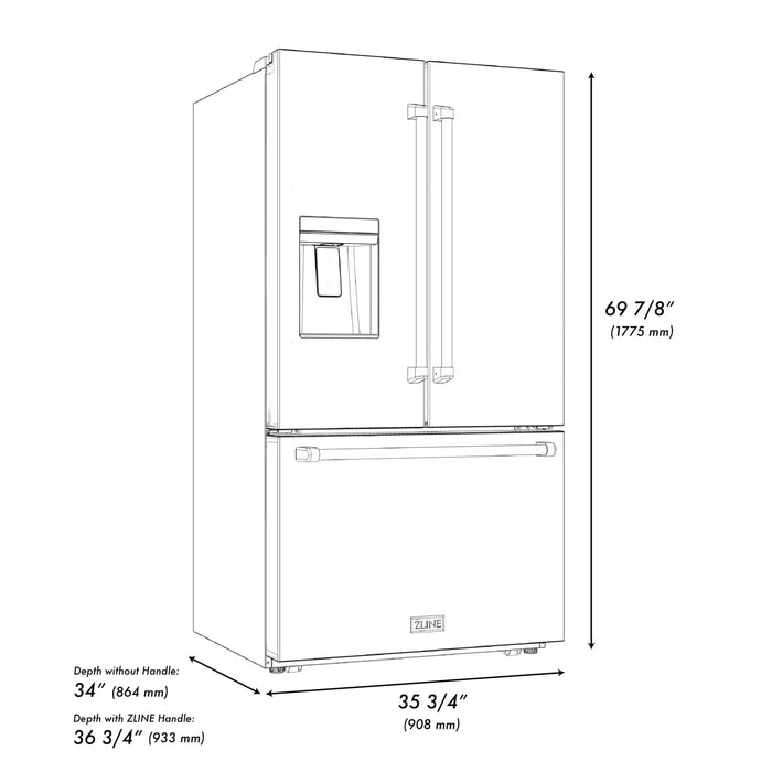 ZLINE 36" Refrigerator, Water, Ice Dispenser, Fingerprint Resistant, RSMZ - W - 36 - BS - G - Farmhouse Kitchen and Bath